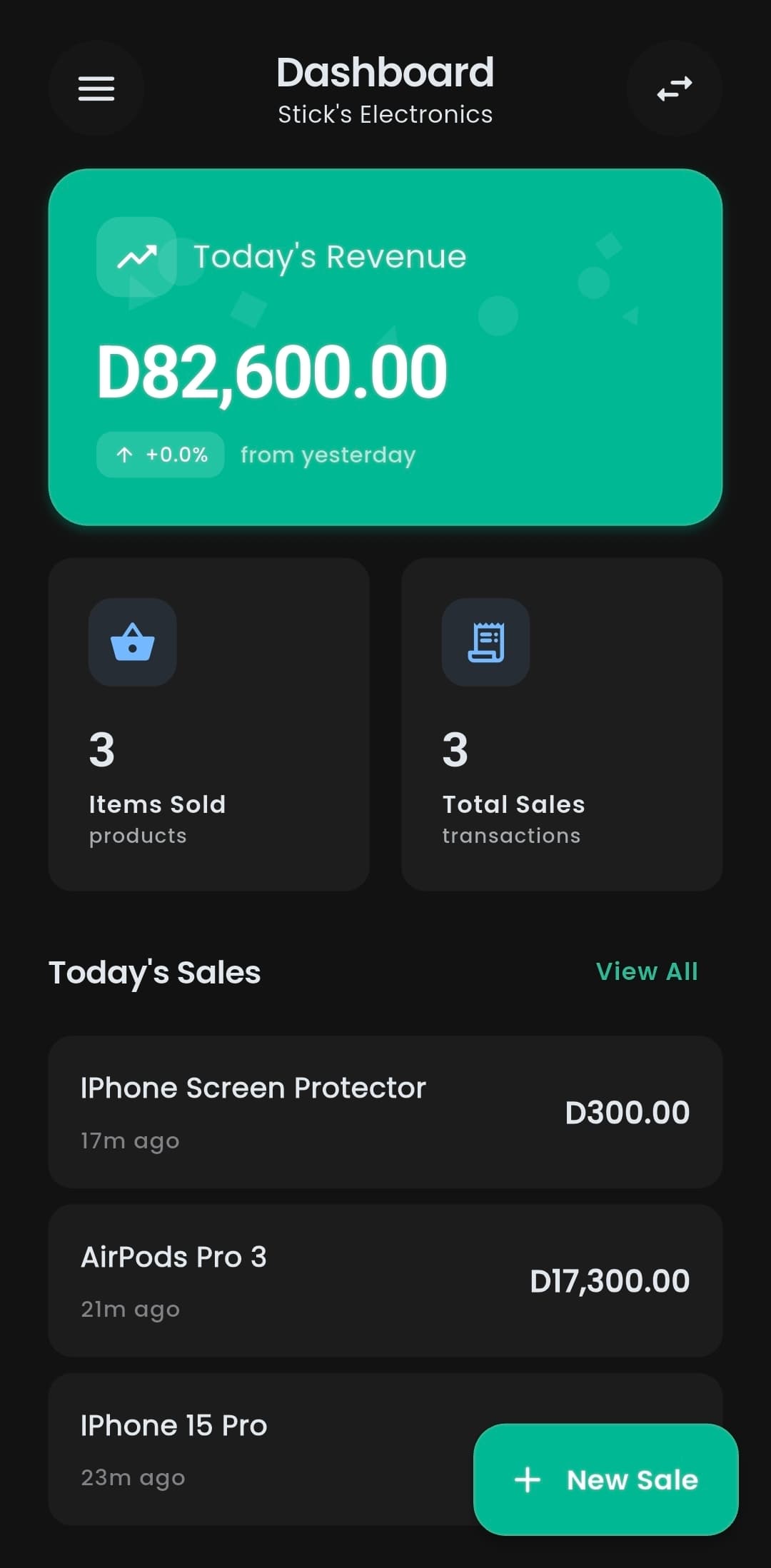 Minimart dashboard shown in dark mode